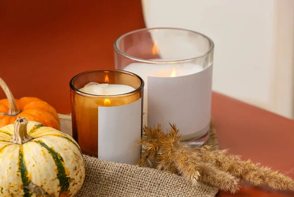 Holders Burning Candles Pumpkin Table Closeup — Stock Photo, Image