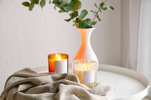 Burning Candles Vase Eucalyptus Branches Table — 스톡 사진