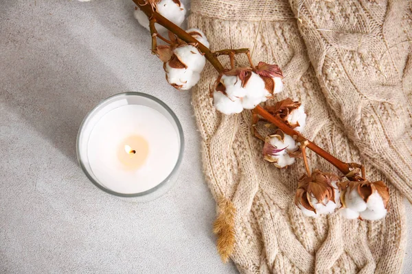 Holder Burning Candle Cotton Branch Sweater Table —  Fotos de Stock