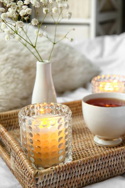 Holder Burning Candle Flowers Cup Tea Bed Closeup — Stock Photo, Image