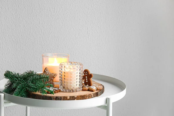 Holders Burning Candles Fir Branch Cookies Table — Foto de Stock