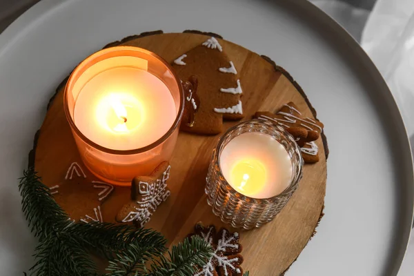 Holders Burning Candles Fir Branch Cookies Table Closeup — стоковое фото