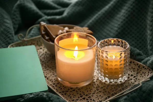 Holders Burning Candles Cookies Table Closeup — стоковое фото