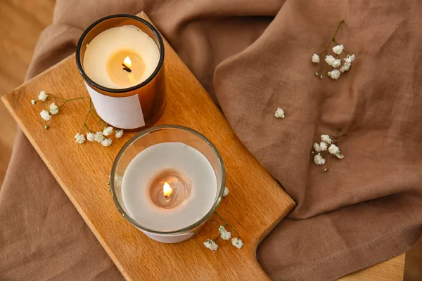Holders Burning Candles Flowers Table Closeup — Stock Photo, Image