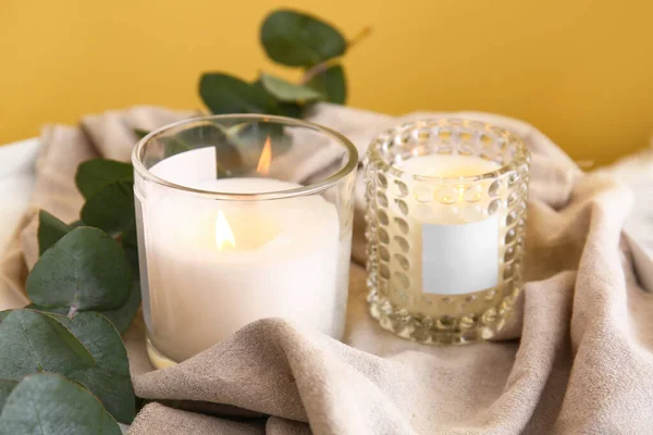 Holders Burning Candles Eucalyptus Branch Table Closeup — 스톡 사진