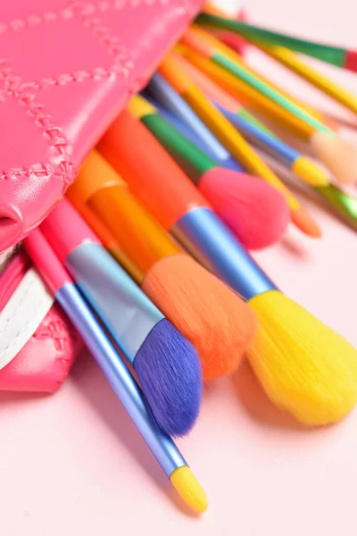 Cosmetic Bag Set Colorful Makeup Brushes Pink Background Closeup — стоковое фото