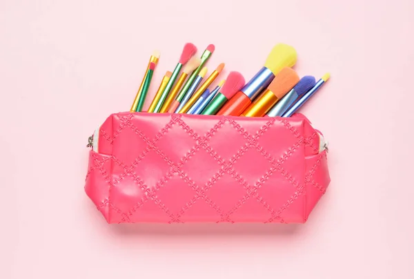 Cosmetic Bag Set Colorful Makeup Brushes Pink Background — Stock Photo, Image