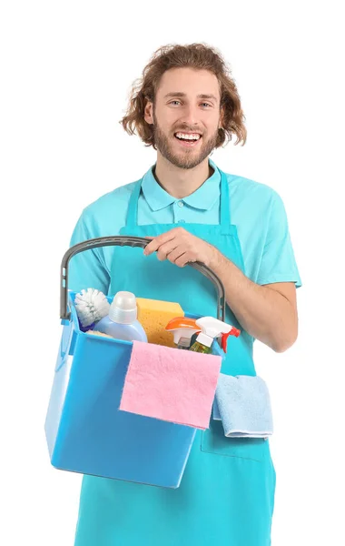 Young Worker Cleaning Service Holding Bucket Supplies White Background — Stock Photo, Image