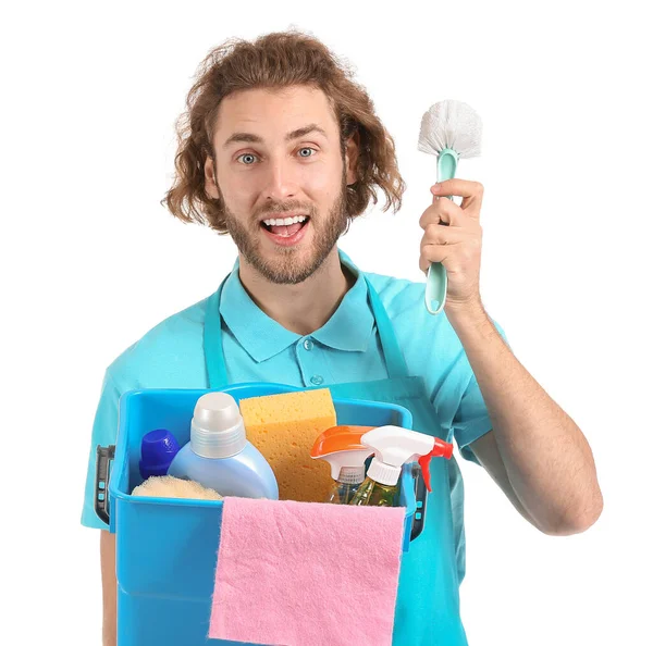 Young Worker Cleaning Service Holding Bucket Supplies White Background — Stock Photo, Image