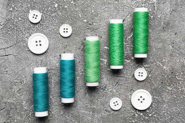 Sewing Threads Buttons Grey Background — Foto Stock