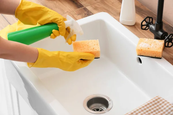 Woman Rubber Gloves Pouring Detergent Cleaning Sponge Sink — Zdjęcie stockowe