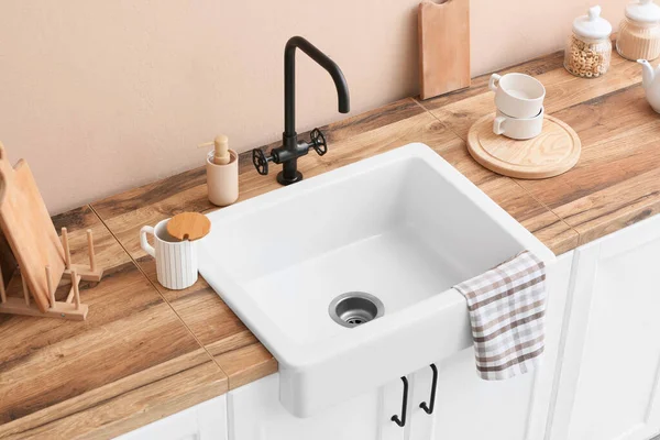Wooden Counter Ceramic Sink Kitchen — Stock Photo, Image
