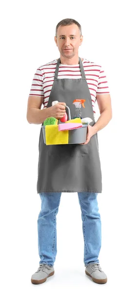 Mature Worker Cleaning Service Supplies White Background — Stock Photo, Image
