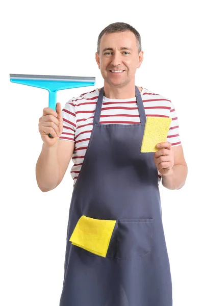 Mature Worker Cleaning Service Squeegee Rag White Background — Stock Photo, Image