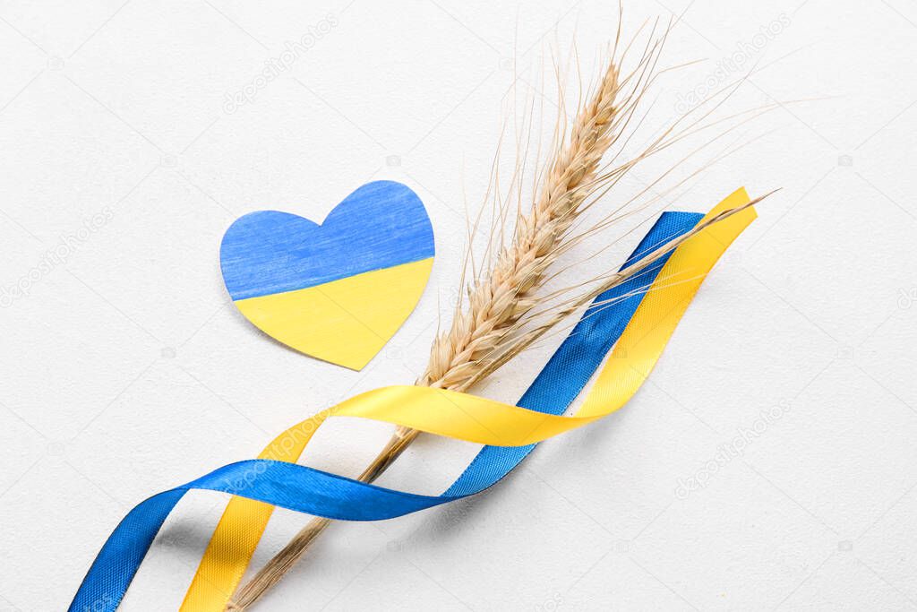 Spikelet, heart and ribbons in colors of Ukrainian flag on light background