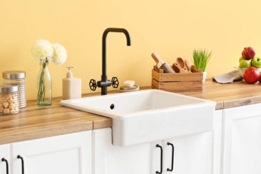 Modern lavabo, farklı mutfak gereçleri ve renk duvarına yakın kasımpatı çiçekleri.