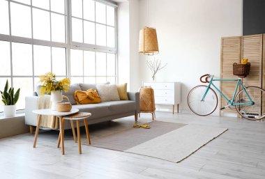 Modern oturma odasının içinde vazo ve kanepede mimoza çiçekleri var.