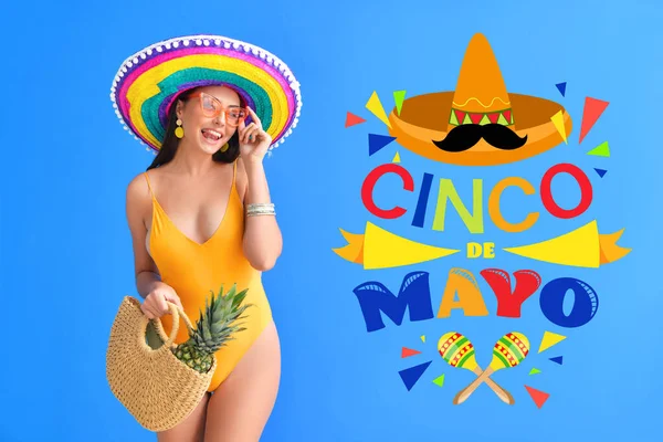Greeting Card Cinco Mayo Fifth May Beautiful Mexican Woman Sombrero — Stock Photo, Image