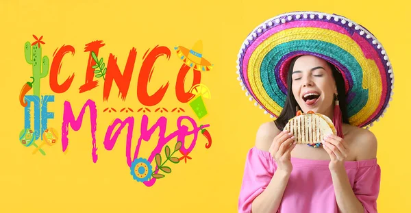 Greeting Card Cinco Mayo Fifth May Beautiful Young Woman Sombrero — стокове фото