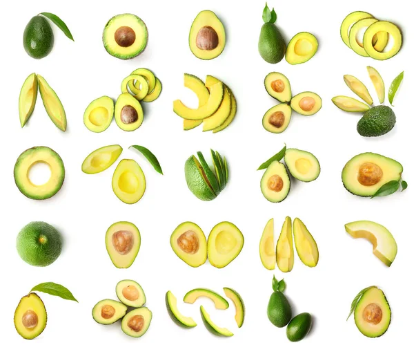 Set Rijpe Avocado Geïsoleerd Wit Bovenaanzicht — Stockfoto