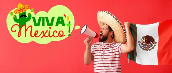 Handsome Man Sombrero Mexican Flag Megaphone Red Background — 스톡 사진