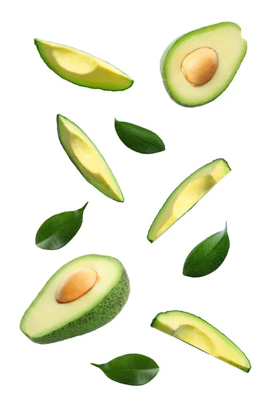 Fresh Cut Flying Avocados Isolated White — Stockfoto