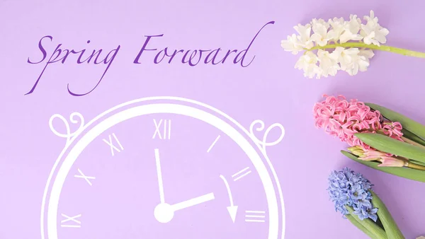 Beautiful Blooming Hyacinth Flowers Drawing Clock Lilac Background Spring Forward — Stock Photo, Image