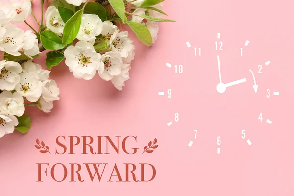 Beautiful Blooming Tree Branch Drawing Clock Pink Background Spring Forward — Stock Photo, Image