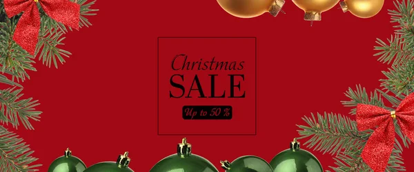 Advertising Banner Christmas Sale Fir Tree Branches Balls — Zdjęcie stockowe