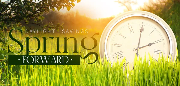 Clock Green Grass Outdoors Spring Forward — Stock Photo, Image