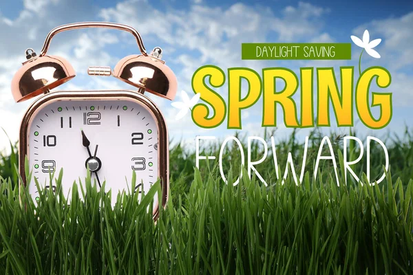 Alarm Clock Green Grass Outdoors Spring Forward — Foto Stock