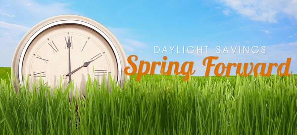 Clock Green Grass Spring Day Outdoors Daylight Saving Time — Stockfoto