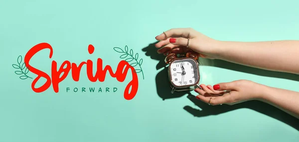 Woman Beautiful Manicure Holding Alarm Clock Color Background Spring Forward — Stock Photo, Image