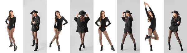 Set Van Sexy Jonge Vrouw Stijlvolle Zwarte Panty — Stockfoto