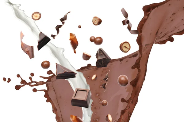 Fallende Stücke Leckere Schokolade Nüsse Spritzer Milch Und Kakao Isoliert — Stockfoto