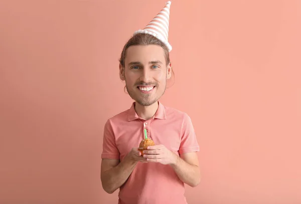 Happy Man Big Head Celebrating Birthday Pink Background — Stock Photo, Image