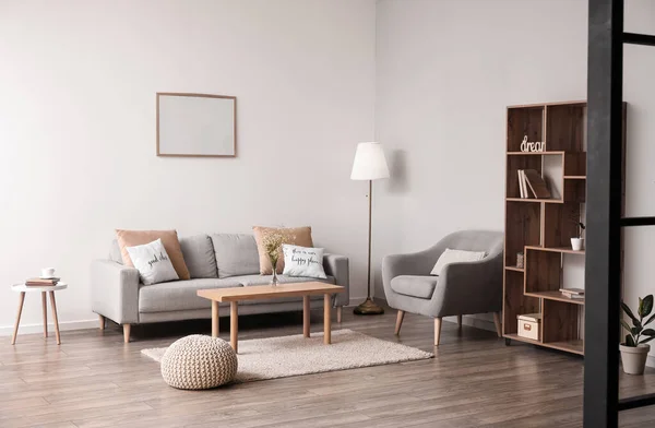 Interior Stylish Living Room Comfortable Furniture Blank Photo Frame Light — Foto de Stock