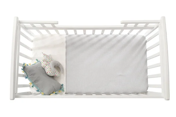 Stylish Baby Bed Cute Pillows White Background — Stock Photo, Image