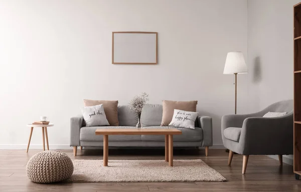 Interior Modern Living Room Comfortable Furniture Blank Photo Frame Light — Stock Photo, Image