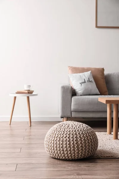 Comfortable Pouf Wooden Floor Modern Living Room — 스톡 사진