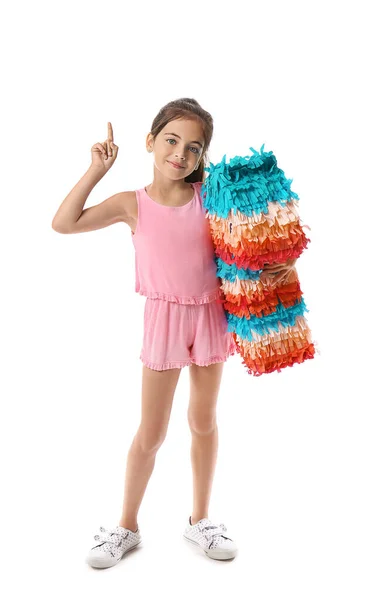 Niña Con Piñata Mexicana Señalando Algo Sobre Fondo Blanco — Foto de Stock