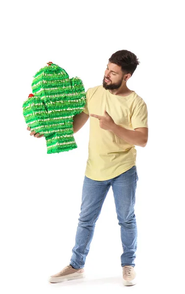 Hombre Guapo Señalando Piñata Mexicana Sobre Fondo Blanco — Foto de Stock