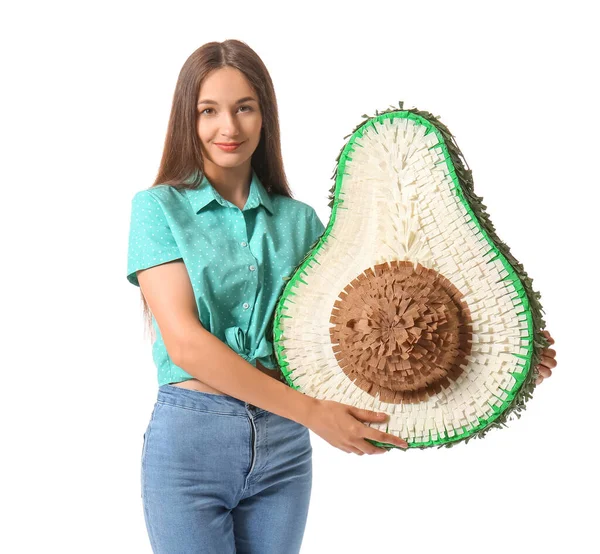 Jeune Femme Avec Pinata Mexicaine Sur Fond Blanc — Photo