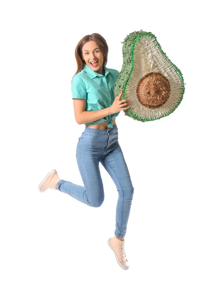 Прыгающая Молодая Женщина Мексиканской Пиньятой Белом Фоне — стоковое фото