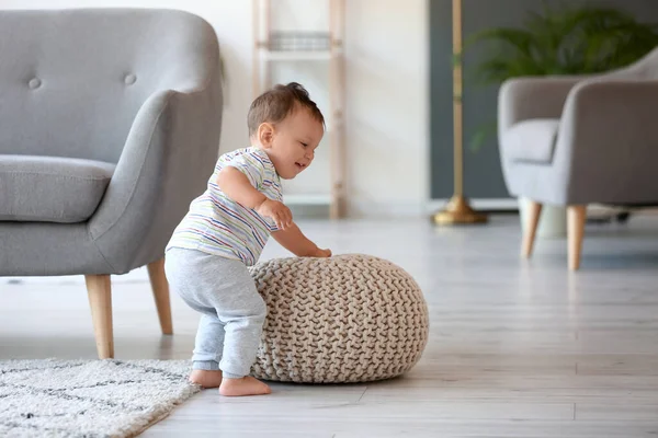 Little Baby Boy Learning Walk Pouf Home — Stock Photo, Image