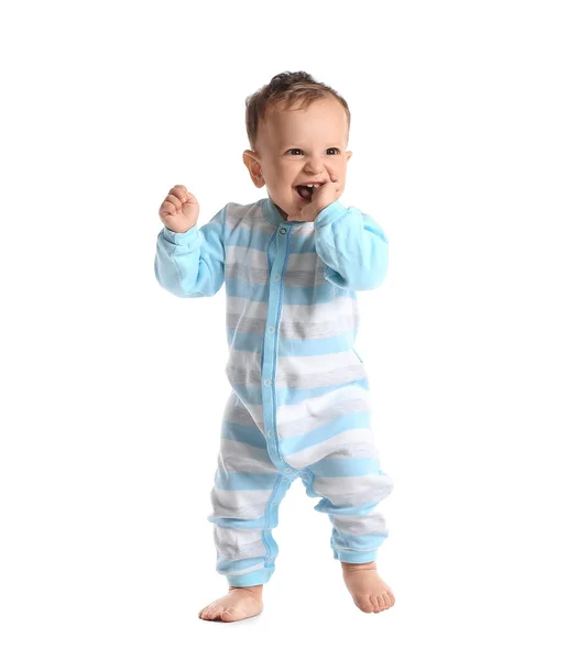 Küçük Bebek Beyaz Arka Planda Yürümeyi Öğreniyor — Stok fotoğraf
