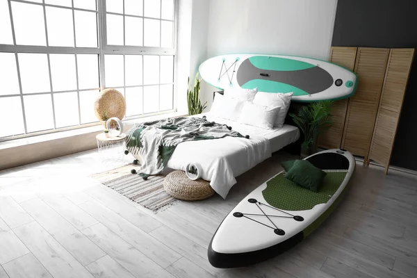 Interior Modern Bedroom Boards Sup Surfing — Photo