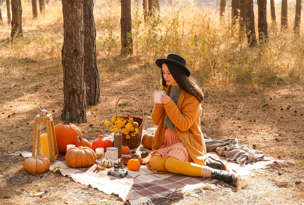 Young Woman Having Romantic Picnic Forest Autumn Day — Stock Photo, Image