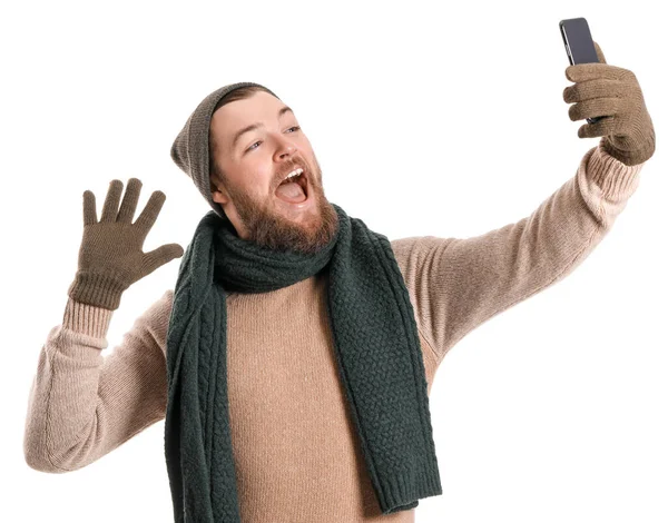 Young Bearded Man Warm Gloves Taking Selfie White Background — Stock Photo, Image