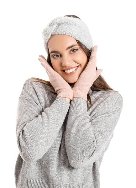 Young Woman Warm Gloves White Background — стоковое фото